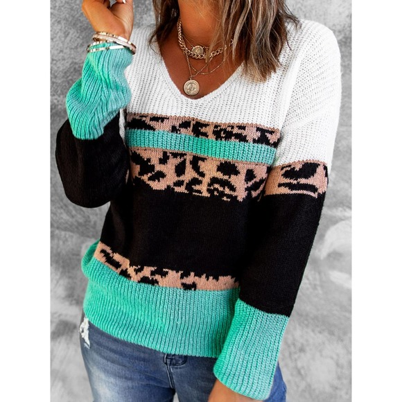 Leopard Color Block V-Neck Rib-Knit Sweater - Picture 1 of 3